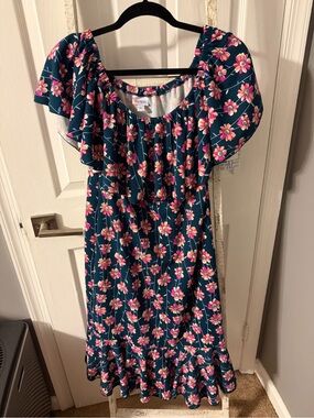 Women’s Floral Ruffle Dress - Pink Floral Print Dark Forest Green Base